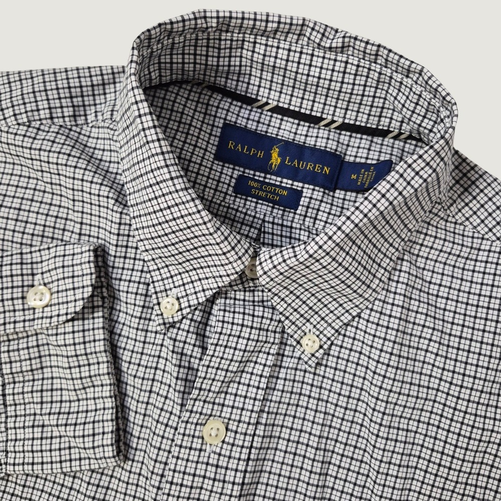 Ralph Lauren Button Down Shirt Men M Black White Check Preppy Ivy Cotton Stretch